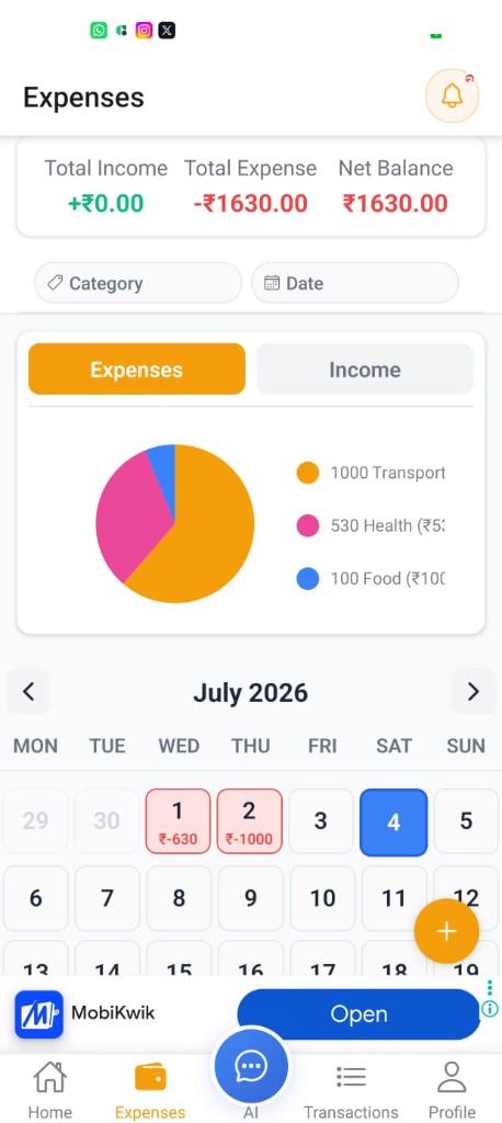 ExMan expenses screen with pie chart