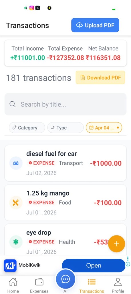 ExMan transactions list with filters